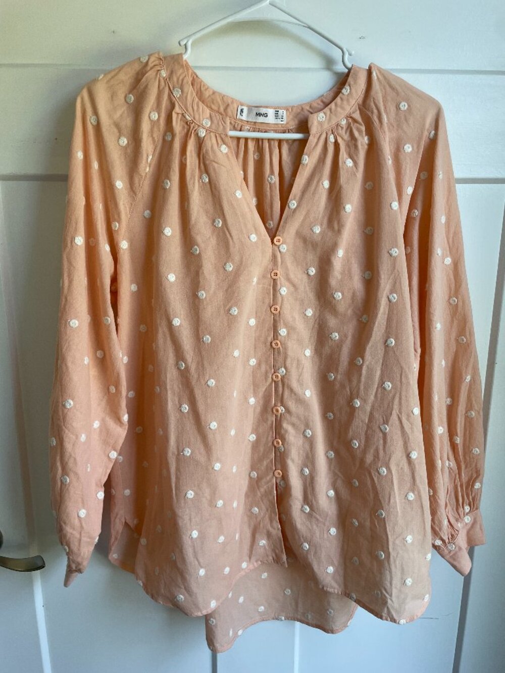 Mango Swiss Dot Button Down Blouse Peach Pink Cottagecore Long Sleeve Small 4